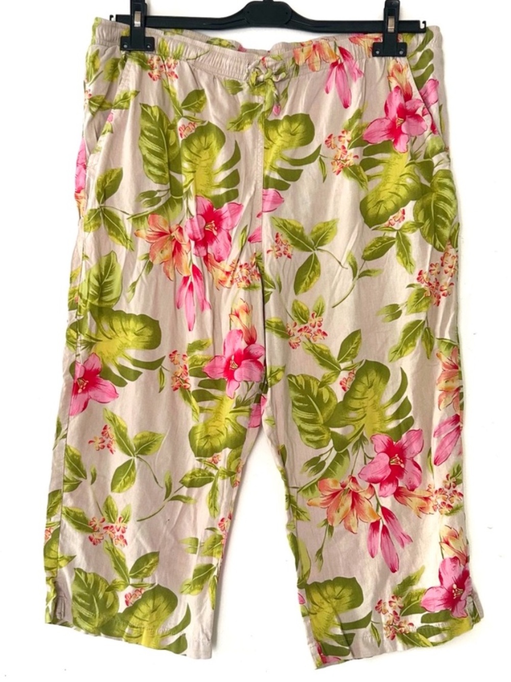 Erika Petite Floral Tropical Capri Pants Green Pink Beige Tan Cropped Summer XL